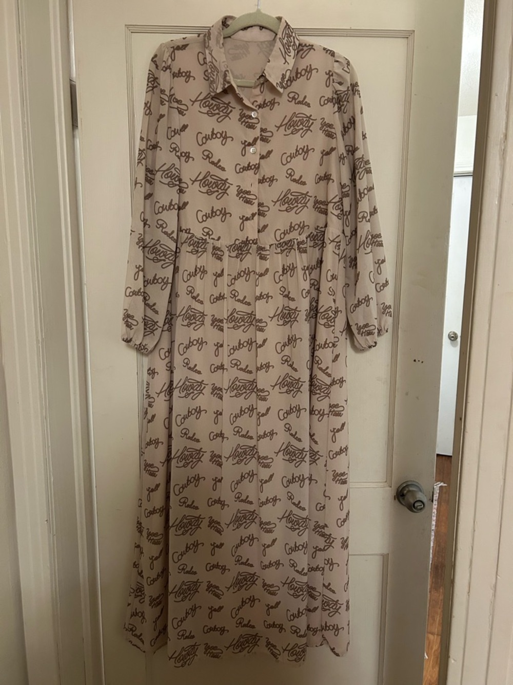 Beige Script Print Button-Front Maxi Dress